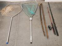 Fishing Equipment Lot: 2 Large Aluminum Landing Nets, 2 Wooden Wading Staffs, 2 Fishing Rods w/Reel