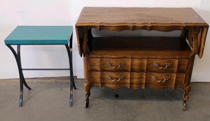 Vintage French Provincial Drop-Leaf Tea Cart With Drawers And Casters, Modern Turquoise Accent Table