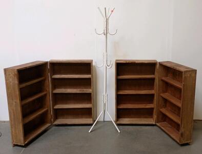 Set of 2 Folding Wood Bookcases (8 Shelves Each) & White 12-Hook Metal Coat Rack
