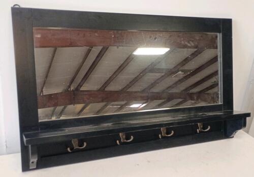 Black Wall-Mounted Entryway Mirror with Shelf and 4 Double-Prong Hooks,