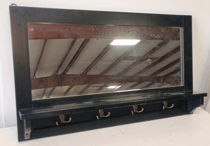 Black Wall-Mounted Entryway Mirror with Shelf and 4 Double-Prong Hooks,