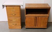 2-Drawer Oak File Cabinet With White Laminate Top, Brass Handles, Locking Drawer & Wooden TV Stand