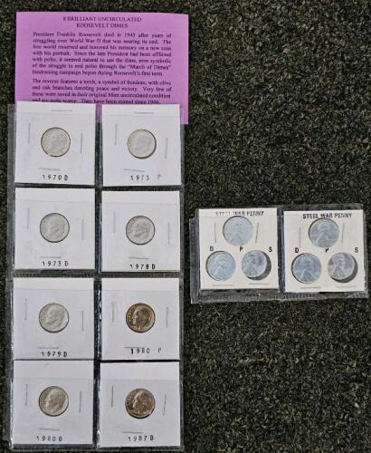 1970&ndash;1987 Roosevelt Dime Lot &ndash; 8 Uncirculated Coins, P&D Mints, with Display Card, 1943 Steel War Pennies - 6 Coins