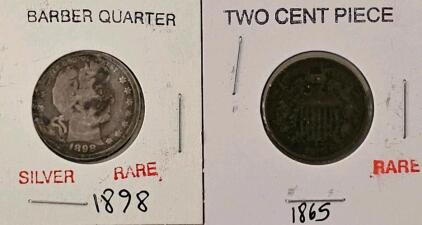 1898 Barber Quarter & 1865 Two Cent Piece &ndash; Historic U.S. Coins