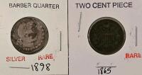 1898 Barber Quarter & 1865 Two Cent Piece &ndash; Historic U.S. Coins