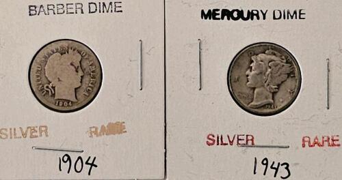1904 Barber Dime & 1943 Mercury Dime 90% Silver, Circulated, US Collectible Coins