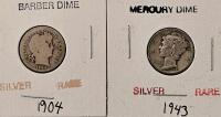 1904 Barber Dime & 1943 Mercury Dime 90% Silver, Circulated, US Collectible Coins