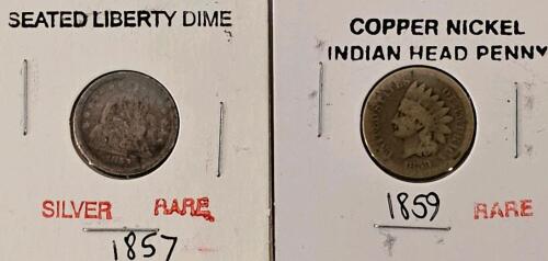 1857 Seated Liberty Dime Silver & 1859 Indian Head Cent Copper Nickel, Circulated, Historic U.S. Coins