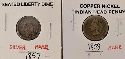 1857 Seated Liberty Dime Silver & 1859 Indian Head Cent Copper Nickel, Circulated, Historic U.S. Coins