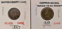 1857 Seated Liberty Dime Silver & 1859 Indian Head Cent Copper Nickel, Circulated, Historic U.S. Coins
