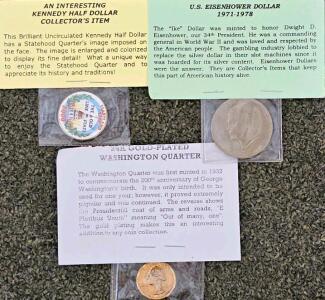 U.S. Eisenhower Dollar 1977, 24k Gold-Plated 1989-D Washington Quarter, Colorized MD Kennedy Half