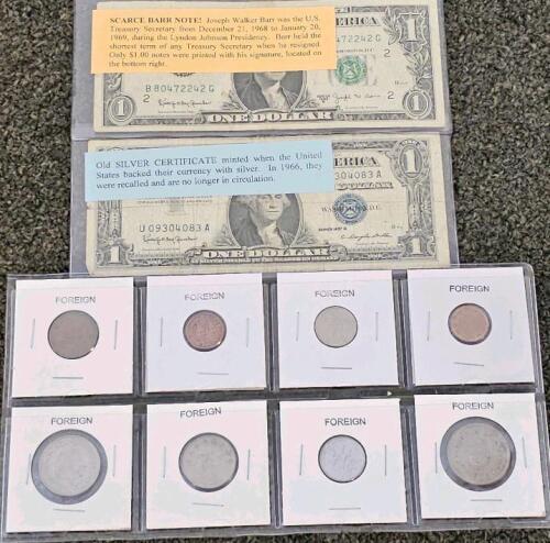 World and US Currency Lot &ndash; Barr $1, Silver Cert 1957B, Denmark 10 &Oslash;re, Spain 1c, UK Farthing
