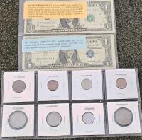 World and US Currency Lot &ndash; Barr $1, Silver Cert 1957B, Denmark 10 &Oslash;re, Spain 1c, UK Farthing