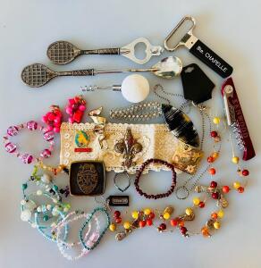 Vintage Jewelry And Barware With Kenwood Corkscrew, Ste. Chapelle Tool, Tennis Motif, Mixed Accessories