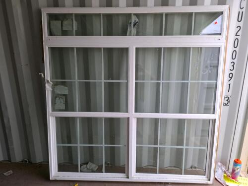White Vinyl Sliding Window With Transom, Colonial Grilles, Approx. 72"x70", No Screen