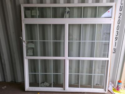 White Vinyl Sliding Window With Transom, Colonial Grilles, Approx. 72"x70", No Screen