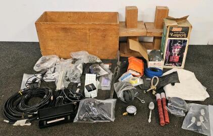Mixed Hardware And Electronics: 24.5"x10.75" Wooden Box, Coleman Single Mantle Lantern, Sunpak High Speed Card Reader (Confirmed Functional), And More