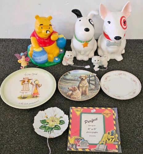 Bullseye Target Dog Ceramic Cookie Jar, Glazed, Collectible Advertising Mascot, Winnie The Pooh Ceramic Cookie Jar, Target Black and White Ceramic Cookie Jar, 4 Collectors Plates, 2 Cat Figurines, 1 Fairy Figurine, Cardboard Construction Picture Frame