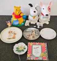 Bullseye Target Dog Ceramic Cookie Jar, Glazed, Collectible Advertising Mascot, Winnie The Pooh Ceramic Cookie Jar, Target Black and White Ceramic Cookie Jar, 4 Collectors Plates, 2 Cat Figurines, 1 Fairy Figurine, Cardboard Construction Picture Frame