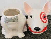 Bullseye Target Dog Ceramic Cookie Jar, Glazed, Collectible Advertising Mascot, Winnie The Pooh Ceramic Cookie Jar, Target Black and White Ceramic Cookie Jar, 4 Collectors Plates, 2 Cat Figurines, 1 Fairy Figurine, Cardboard Construction Picture Frame - 4