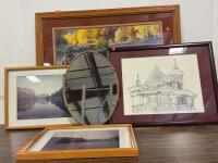 Framed Art Collection: A.T. Cox Landscape Print, Architectural Drawing, Photograph, Oval Mirror