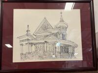Framed Art Collection: A.T. Cox Landscape Print, Architectural Drawing, Photograph, Oval Mirror - 4