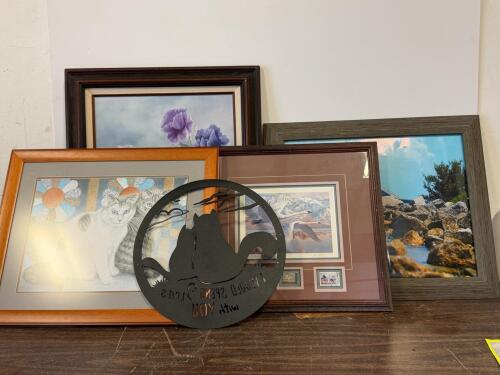 Metal Cat Wall Art, Framed Cat Drawing, Seascape Photograph, Purple Flower Painting, Leon Parsons Swan Print