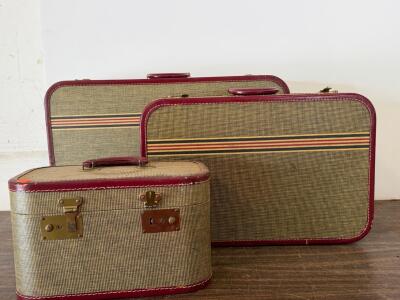 Vintage 3-Piece Hard-Sided Luggage Set, Burgundy Trim, 1940s-50s, Pleated Lining