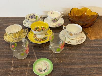 Vintage Assorted Porcelain Teacups & Saucers, Hand-painted Glass Creamer Set, Amber Bowl