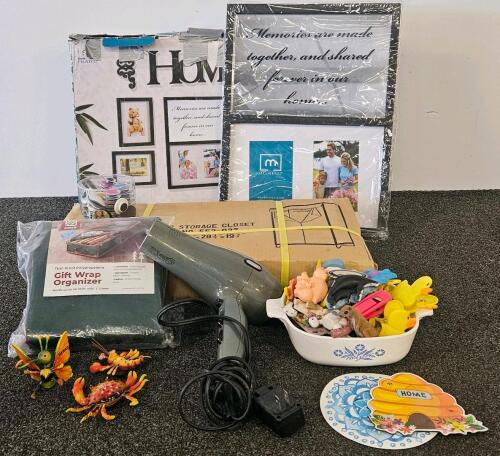 Household Lot: Corning Ware P-1-B, Hair Dryer, Frames, Storage Closet, Gift Wrap Organizer