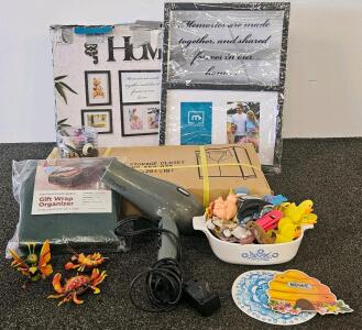 Household Lot: Corning Ware P-1-B, Hair Dryer, Frames, Storage Closet, Gift Wrap Organizer