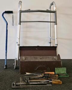 Vintage Metal Toolbox With 20+ Hand Tools, Roth-Krone Hex Keys, True Temper Screwdriver, Folding Walker & Cane
