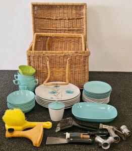 Large Vintage Picnic Basket With Blue Floral Melamine Dinnerware Set & Utility Tools, 1960s-80s