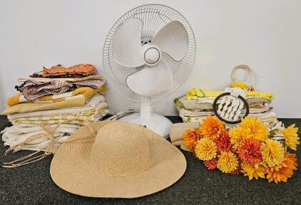 Mixed Lot: Vintage Linens, Straw Sun Hat, Faux Chrysanthemum Flowers, 3-Speed Oscillating Fan (tested, works)