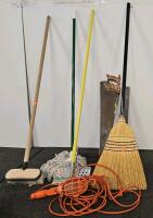 Mixed Lot: Broom, Mop, Squeegee, Hand Saw, Framing Square, Work Light &ndash; Assorted Tools
