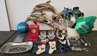 Large Mixed Household Lot: Dolphin Wall Art, Kitchen Utensils, Empower 6lb Ball, Glassware, Decor