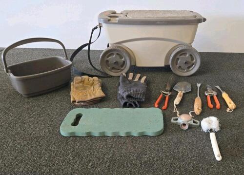Suncast Rolling Garden Scooter Cart Set w/ Tools, Gloves, Kneeling Pad, Basket &ndash; 11pc Kit