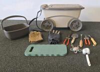 Suncast Rolling Garden Scooter Cart Set w/ Tools, Gloves, Kneeling Pad, Basket &ndash; 11pc Kit