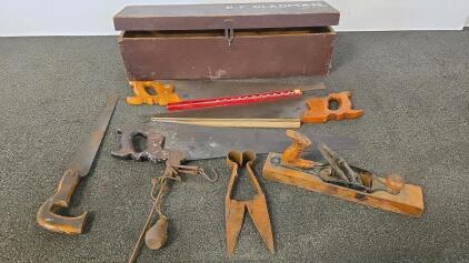 Vintage Woodworking Tool Set: Hand Saws, Plane, Shears, Ruler, Scale, Tool Box