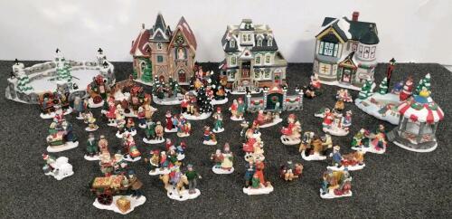 Large 60+ Pc Christmas Village Ceramic Set: Figurines, Buildings, Trees, Victorian Winter Scene