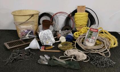 Vintage Camping Survival Lot: Pots, Utensils, First Need Water Purifier, Rope, Chains, Bucket