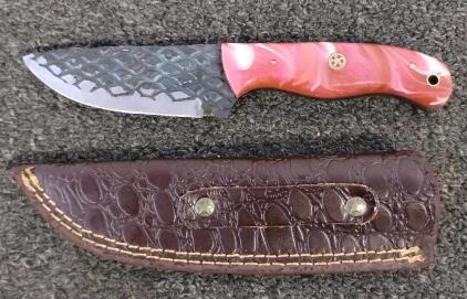 Custom Fixed-Blade Knife, Etched Drop Point 4.5" Blade, Resin Handle, Leather Sheath, Mosaic Pin