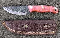 Custom Fixed-Blade Knife, Etched Drop Point 4.5" Blade, Resin Handle, Leather Sheath, Mosaic Pin