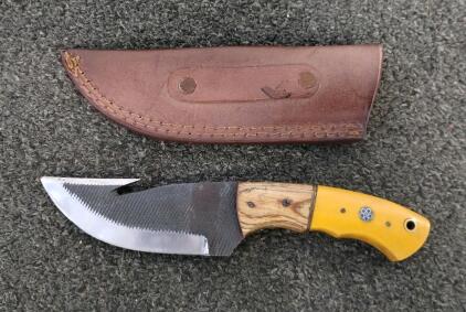 Fixed-Blade Hunting Knife w/ Gut Hook, Yellow & Wood Handle, Leather Sheath, Mosaic Pin, 8"