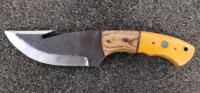 Fixed-Blade Hunting Knife w/ Gut Hook, Yellow & Wood Handle, Leather Sheath, Mosaic Pin, 8" - 2