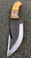 Fixed-Blade Hunting Knife w/ Gut Hook, Yellow & Wood Handle, Leather Sheath, Mosaic Pin, 8" - 3