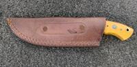 Fixed-Blade Hunting Knife w/ Gut Hook, Yellow & Wood Handle, Leather Sheath, Mosaic Pin, 8" - 4