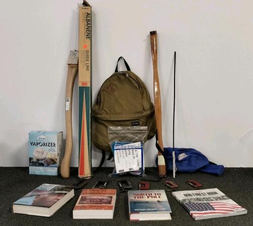 Survival Gear Lot: Respirator Mask, Longbow, Hatchet, Kelty Backpack, Vaporizer, Books, C-Clamps