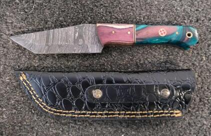Custom Fixed Blade Knife, Damascus Tanto Blade, Resin-Wood Handle, Leather Sheath, 8"