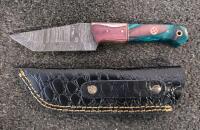 Custom Fixed Blade Knife, Damascus Tanto Blade, Resin-Wood Handle, Leather Sheath, 8"